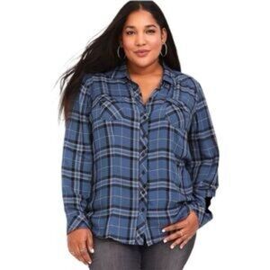 Torrid Blue plaid Challis Camp button down 100% Rayon 2X